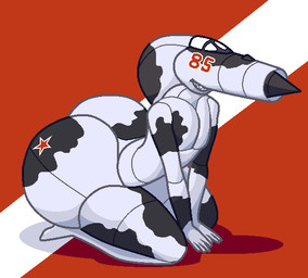 aircraft airplane animal_print anthro big_butt biped butt cow_print femboy huge_butt jet jet_fighter machine male mig-21 red_background russian simple_background solo soviet_union tail thick_thighs vehicle wide_hips mars206 mig living_aircraft living_machine living_vehicle digital_media_(artwork) pixel_(artwork)