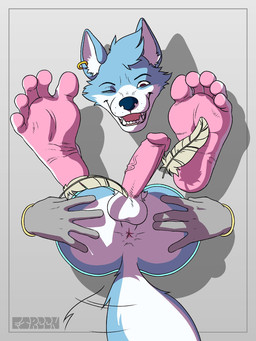 5_fingers 5_toes anthro anus balls barefoot bdsm blue_body blue_eyes blue_fur bondage bound brown_eyes butt countershading disembodied_hand duo ear_piercing ear_ring erection feathers feet fingers foot_fetish foot_focus fur genitals glans humanoid_feet humanoid_genitalia humanoid_penis jewelry laugh loose_feather male male/male male_anthro multicolored_body multicolored_fur nude one_eye_closed open_mouth penis piercing pink_anus pink_genitals pink_penis plantigrade red_eyes restraints ring ring_(jewelry) ring_piercing simple_background smile soles solo solo_focus spread_butt spreading submissive submissive_male tail tail_motion tailwag teeth through_wall tickling tickling_feet toes tongue two_tone_body vein veiny_penis white_balls white_body white_fur wink patoso mana_(manaozyfolf) canid canine canis mammal wolf 3:4 hi_res