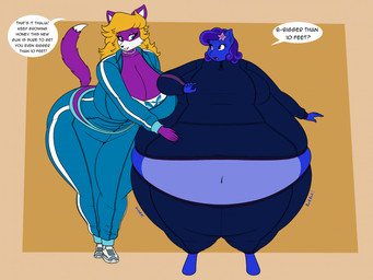 anthro barefoot big_breasts biped blue_body blue_fur blue_skin blueberry_inflation breasts cleavage clothed clothing dialogue dipstick_tail duo feet female female/female footwear fur geometric_background huge_breasts inflation markings midriff multicolored_body navel shoes simple_background sneakers tail tail_markings tan_background text thick_thighs tracksuit wide_hips thaliaglacyswells canid canine equid equine horse mammal digital_drawing_(artwork) digital_media_(artwork) english_text flat_colors hi_res