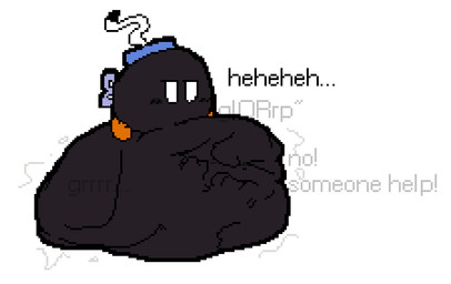 ambiguous_gender ambiguous_pred anthro anthro_prey armless belly belly_on_ground big_belly biped black_body black_text blush blush_lines bodily_noises calling_for_help cheek_blush digestion_noises ellipsis empty_eyes face_imprint feet fully_inside fuse glorp grey_text hand_imprint huge_belly imprint mischievous monotone_background motion_lines narrowed_eyes no_pupils not_furry_focus orange_feet resting_on_belly rumbling_stomach simple_background size_difference smaller_pred soft_vore solo sound_effects text unwilling_prey vore vowelless vowelless_sound_effect white_background meatcanister mario_bros nintendo daniel_(meatcanister) animate_inanimate bob-omb living_bomb waddling_head 2026 digital_media_(artwork) english_description english_text full-length_portrait pixel_(artwork) portrait
