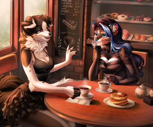 anthro biped bottomwear breasts claws clothed clothed_anthro clothed_female clothing duo female fingers front_view fully_clothed fully_clothed_anthro fully_clothed_female fur hair inside sitting smile tail teeth tongue topwear kilbi canid canine canis domestic_dog felid feline mammal 2026 digital_drawing_(artwork) digital_media_(artwork) hi_res