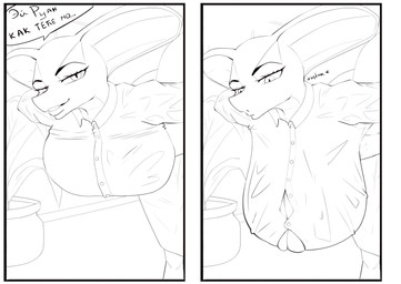 anthro big_breasts breast_squeeze breasts dialogue female hanging_breasts huge_breasts non-mammal_breasts solo speech_bubble squeezing text tight_top ruanshi circe_(ruanshi) reptile scalie snake absurd_res comic hi_res line_art
