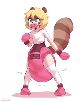 anthro blonde_hair blue_eyes blush bodily_fluids bondage_gear bondage_gloves booties clothed clothing cum cum_filled_diaper cum_in_diaper diaper diaper_fetish genital_fluids hair handwear locked_diaper male pacifier pink_diaper shirt t-shirt topwear unclean_diaper waddling wearing_diaper borvar ashi_(ashizero) canid canine mammal raccoon_dog tanuki 2022 hi_res