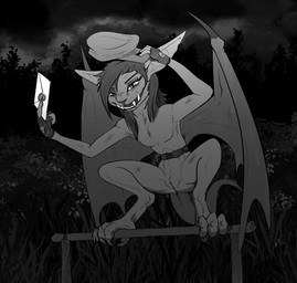 anthro belt claws clothing crouching detailed_background digitigrade fangs featureless_chest feet female fingerless_gloves fingers genitals gloves grass hair handwear hat headgear headwear holding_letter holding_object letter membrane_(anatomy) membranous_wings nude outdoor_nudity outside plant smile solo spread_legs spreading tail teeth toes tusks vulva wings zafara_(artist) deadlock_(game) valve valve_corporation ivy_(deadlock) gargoyle digital_media_(artwork) greyscale hi_res monochrome