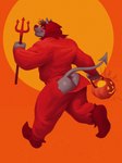 2019 3:4 anthro blush butt butt_flap canid canine canis clothing demon food footwear fruit grey_body halloween hi_res holidays hood horn male mammal melee_weapon mezcal_(artist) muscular muscular_anthro muscular_male onesie open_flap plant polearm pumpkin red_clothing shoes simple_background smile solo spade_tail standing tail trident weapon wolf yellow_eyes