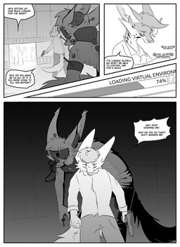 anthro bandage clothed clothing cybernetics dialogue group gun handgun inner_ear_fluff inside machine male mask nude pistol prosthetic prosthetic_leg prosthetic_limb ranged_weapon simple_background speech_bubble text tuft weapon kifyun2 benjamin_(undying_void) eric_doyle tatsuo_kimura canid canine fox mammal absurd_res black_and_white comic english_text hi_res monochrome