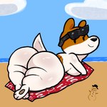 anthro beach beach_towel big_butt breasts butt eyewear eyewear_on_head female looking_at_viewer looking_back looking_back_at_viewer lying narrowed_eyes on_front outside sand smile snowman solo sunglasses sunglasses_on_head thick_thighs towel white_body lewdewott olive_(olive_the_other_reindeer) beagle canid canine canis domestic_dog hunting_dog mammal scent_hound 1:1 2024 digital_drawing_(artwork) digital_media_(artwork) hi_res