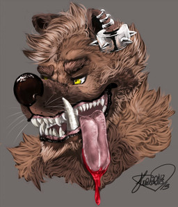 anthro blood_on_tongue brown_body brown_fur brown_hair brown_nose ear_piercing ear_ring fangs fur grey_background hair male male_anthro narrowed_eyes open_mouth piercing ring_piercing short_hair simple_background solo teeth tongue tongue_out whiskers yellow_eyes chumbasket hybrid hyena mammal mustelid otter 2013 bust_portrait dated hi_res portrait signature