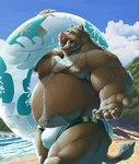 anthro armpit_hair beach belly body_hair brown_body brown_fur bulge clothing detailed_background eyes_closed fur humanoid_hands kemono male moobs nipples outside overweight overweight_male seaside solo swimwear water dendoro mammal suid suine sus_(pig) wild_boar 2021 absurd_res hi_res