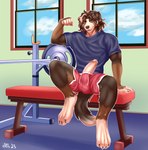 anthro athletic athletic_anthro athletic_male barbell big_penis bodily_fluids bottomwear bulge claws clothing cloud erection flexing flexing_bicep floppy_ears foreskin fur genitals hair hotpants humanoid_genitalia humanoid_penis looking_at_viewer male muscular muscular_anthro muscular_male nipples nude open_mouth paws pecs penis raised_leg shirt shorts sitting smile solo sweat sweatdrop tail teeth text topwear weight_bench window shon_arts cres_the_bernese_mountain_dog bernese_mountain_dog canid canine canis domestic_dog mammal molosser mountain_dog swiss_mountain_dog 2023 absurd_res artist_name colored digital_drawing_(artwork) digital_media_(artwork) full-length_portrait hi_res portrait shaded signature