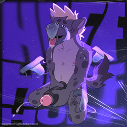 anthro aroused blonde_hair bodily_fluids clothing drooling genital_fluids genitals glans grey_body hair humanoid_genitalia humanoid_penis jockstrap jockstrap_on_face jockstrap_sniffing male markings musk nipples penis pink_glans pink_nipples pink_penis_tip precum saliva sex_toy sniffing sniffing_clothes solo spots spotted_body stroking_penis sweat tail tongue underwear underwear_sniffing gayandfragile calahoo_(calahootheyeen) hyena mammal spotted_hyena 1:1 animated