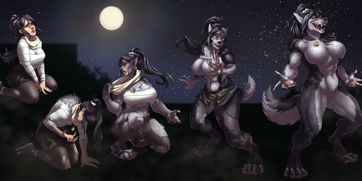 abs accessory anthro big_breasts black_bottomwear black_clothing black_hair black_skirt bottomwear breast_expansion breasts claws clothing digitigrade expansion eyes_closed featureless_breasts featureless_crotch female fingerpads footwear full_moon fur grass grey_body grey_fur growth hair hair_accessory human_to_anthro kneeling legwear moon muscle_growth muscular muscular_anthro muscular_female navel night nude open_mouth outside pants pantyhose pawpads plant ponytail scarf shirt shoes skirt smile solo species_transformation standing star surprised tail tail_growth topwear torn_clothing transformation white_clothing white_shirt white_topwear pinklepickle mythology canid canine human mammal mythological_canine mythological_creature werecanid werecanine werecreature werewolf 2025 digital_media_(artwork) hi_res sequence