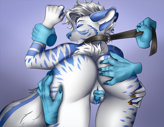 4_arms against_surface ambiguous_gender anthro areola arm_grab bent_over blue_areola blue_body blue_countershading blue_ears blue_nails blue_nose blue_skin butt butt_focus butt_grab colored_nails countershading cunnilingus deep_cunnilingus disembodied_hand disembodied_tongue eyes_closed female female/ambiguous female_focus fluffy fluffy_tail fur group hair hand_on_butt leash leash_pull multi_arm multi_limb multicolored_body nails open_mouth oral penetration purple_background rear_view sex simple_background solo_focus striped_body stripes tail tongue tongue_penetration vaginal white_body white_fur white_hair fantum_fox kayla_(okamifreak) mammal mephitid skunk 2021 digital_media_(artwork) portrait three-quarter_portrait