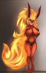 absurd_res anthro anthrofied barefoot big_breasts big_hair big_tail bikini biped blue_eyes breasts clothing collaboration eeveelution eyebrows eyelashes fan_character feet female flareon fluffy fluffy_tail generation_1_pokemon glowing hair hand_on_breast hi_res huge_breasts lavy_(blitza) long_hair looking_at_viewer navel nintendo nipple_outline one-piece_swimsuit pokemon pokemon_(species) pokemorph sling_bikini smile solo standing swimwear tail teeth thigh_gap two-piece_swimsuit wide_hips wouhlven xaenyth