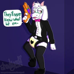 4_fingers ambiguous_gender anthro black_clothing black_footwear black_legwear black_shoes black_socks black_thigh_highs black_thigh_socks black_tie_(suit) bodily_fluids bow_tie button_(fastener) clothed clothing collared_shirt dialogue diaper dress_shirt eyewear fingers floppy_ears footwear fur genital_fluids glasses green_eyewear green_glasses head_horn heart_symbol holding_water_gun horn legwear narrowed_eyes on_one_leg open_mouth pink_bow_tie pink_horn shirt simple_background socks solo speech_bubble standing suit text thigh_highs thigh_socks three-quarter_view tilde_after_text topwear unclean_diaper urine used_diaper wearing_diaper wearing_glasses wet_diaper white_body white_fur shadyadi deltarune undertale_(series) ralsei bovid caprine darkner goat mammal 2023 artist_name english_text full-length_portrait hi_res portrait signature url male_(lore)