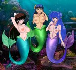 breasts brown_hair female group hair nipples nude open_mouth split_form text tongue tongue_out trio underwater water white_bow xdrawnthatwayx ranma_1/2 cologone shampoo_(ranma_1/2) ukyo_kuonji marine merfolk hi_res url