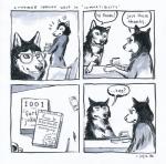 2016 4koma absurd_res anne_barnetson base_two_layout black_nose book canid canine canis comic customer_service_wolf dialogue duo english_text exclamation_point feral four_frame_image grid_layout heart_symbol hi_res mammal question_mark snout speech_bubble text traditional_media_(artwork) two_row_layout wolf