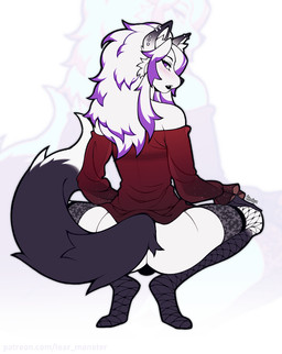 anthro bare_shoulders black_body black_fur black_lips black_nose bulge bulge_from_behind butt cheek_tuft clothing crouching ear_piercing eyelashes facial_tuft fishnet_stockings fur gynomorph hair half-closed_eyes inner_ear_fluff intersex lips long_hair looking_at_viewer looking_back looking_back_at_viewer multicolored_body multicolored_fur narrowed_eyes piercing purple_eyes purple_hair rear_view red_clothing red_topwear snout solo spread_legs spreading tail topwear tuft two_tone_body two_tone_fur white_body white_fur white_hair batya canid canine canis mammal wolf 2024 colored digital_drawing_(artwork) digital_media_(artwork) flat_colors hi_res
