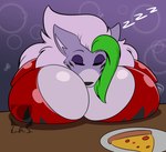 anthro big_breasts breast_pillow breasts female food hair head_between_own_breasts multicolored_hair pizza purple_background simple_background sleeping solo lunis1992 five_nights_at_freddy's five_nights_at_freddy's:_security_breach scottgames sleeping_on_breasts_(meme) steel_wool_studios roxanne_wolf canid canine canis mammal wolf 2022 digital_media_(artwork)