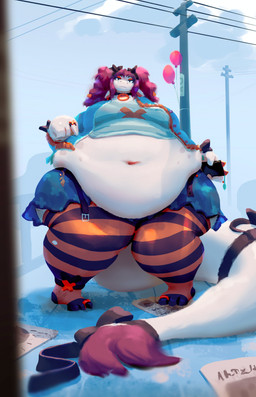 3_toes 4_fingers absolute_territory accessory anthro belly belly_overhang belt belt_buckle big_belly big_tail black_belt black_clothing black_collar black_legwear black_stockings black_stripes black_thigh_highs blue_bottomwear blue_clothing blue_jacket blue_skirt blue_topwear bottomwear buckle cellphone clothed clothed_anthro clothed_female clothing cloud cloudy_sky collar collar_tag deep_navel digit_ring electronics eyebrows eyelashes eyeshadow feet female female_anthro finger_ring fingers fur furgonomics hair holding_cellphone holding_object holding_phone huge_belly huge_tail jacket jewelry knock-kneed legwear lidded_eyes long_tail looking_at_viewer makeup navel obese obese_anthro obese_female open_belt open_clothing open_jacket open_topwear orange_clothing orange_legwear orange_stockings orange_stripes orange_thigh_highs outside overweight overweight_anthro overweight_female paper pattern_clothing pattern_legwear pattern_stockings pattern_thigh_highs phone pigeon_toed pigtails red_balloon red_eyelashes red_eyeshadow red_hair ribbons ring skirt sky solo stockings striped_clothing striped_legwear striped_stockings striped_thigh_highs stripes tail tail_accessory tail_on_ground tail_ribbon tail_tuft thick_tail thick_thighs thigh_highs toe_ring toes topwear tuft utility_pole white_body white_fur wide_hipped_anthro wide_hipped_female wide_hips wide_stance miluinaoxie mythology daisy_(miluinaoxie) dragon furred_dragon furred_scalie mythological_creature mythological_scalie scalie 2022 absurd_res colored digital_media_(artwork) digital_painting_(artwork) full-length_portrait hi_res painting_(artwork) portrait