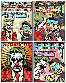 4_panel_comic abstract_background aloha_shirt anthro camera cigarette clothing clown_makeup dialogue duo fur green_hair hair humor male necktie pattern_clothing pattern_shirt pattern_topwear red_clothing red_suit shirt shocked suit text topwear yellow_body yellow_fur rawdawgcomics batman_(series) dc_comics joker_(2019_film) rawdawgcomics_(series) well_i'm_the_joker_baby joaquin_phoenix stahli_(rawdawgcomics) the_joker canid canine canis domestic_dog human mammal 4:5 artist_name comic digital_media_(artwork) english_text hi_res