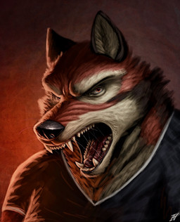 anthro bodily_fluids clothing fangs fur male open_mouth realistic saliva saliva_string shirt solo teeth tongue topwear whiskers ian-exe echo_(game) echo_(series) echo_project leo_alvarez canid canine canis mammal wolf 2026 headshot_portrait hi_res portrait signature