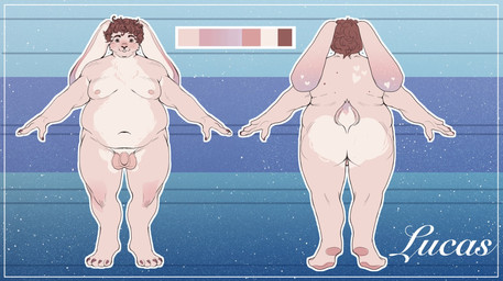 4_fingers 4_toes abstract_background anthro balls belly brown_hair buckteeth butt cheek_tuft closed_smile color_swatch countershading curly_hair facial_tuft feet fingers floppy_ears fur genitals hair lop_ears male male_anthro moobs mouth_closed navel nipples nude overweight overweight_anthro overweight_male pawpads penis pink_balls pink_body pink_ears pink_fur pink_nipples pink_pawpads pink_tail scut_tail short_hair short_tail small_penis smile solo spread_arms tail teeth text toes tuft white_belly white_body white_butt white_countershading unknown_artist lucas_(rabitchboy) lagomorph leporid mammal rabbit 2026 character_name digital_drawing_(artwork) digital_media_(artwork) full-length_portrait hi_res model_sheet portrait