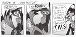 anthro butt clothed clothing dialogue duo feathers grey_body grey_feathers humor male partially_clothed red_body red_skin mlavieer helluva_boss blitzo_(helluva_boss) stolas_(helluva_boss) avian bird humanoid imp owl owl_demon comic hi_res monochrome