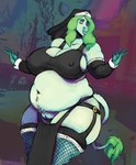 5_fingers abstract_background anthro armwear big_breasts breasts cleavage clothed clothing erect_nipples female fingers fishnet_clothing fishnet_legwear fur garter_belt garter_straps genitals green_body green_eyes green_fur green_hair green_nose hair huge_breasts invisible_geometry legwear lips looking_at_viewer monotone_body monotone_fur monotone_hair nipple_outline nipples nun nun_outfit overweight overweight_anthro overweight_female pussy side_boob sitting skindentation solo squish tail tail_tuft thick_bottom_lip thick_thighs thigh_highs thigh_squish tuft awful_lad minty_(awful_lad) bovid bovine cattle mammal 2022 absurd_res colored digital_media_(artwork) hi_res shaded