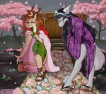 anthro antlers asian_clothing bowing caligae carriage cherry_blossom claws clothed clothing crossdressing crown day duo east_asian_clothing fangs femboy flower footwear greeting headgear horn japanese_clothing kimono looking_at_another male male/male mane mantle medieval medieval_clothing petals plant prince prunus_(flower) royalty sandals shoes smile tail tail_tuft teeth tuft verbenaowo mythology matija prince_borgon canid canine canis dragon mammal mythological_creature mythological_scalie scalie wolf hi_res