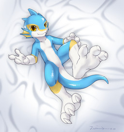 3_toes 4_fingers anthro bedding bedding_background blue_body claws featureless_crotch feet fin fingers foot_focus front_view glistening glistening_body high-angle_view looking_at_viewer lying male nude on_back paws simple_background smile solo spread_legs spreading tail tailbutt toes fishy_fizz mythology finn_(fishy_fizz) aquatic aquatic_dragon dragon mythological_creature mythological_scalie scalie 2024 dated hi_res