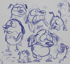 barking blue_nose bodily_fluids ear_pull ellipsis exclamation_point flying_sweatdrops multiple_poses open_mouth pose scared sitting smile solo speech_bubble standing sweat sweatdrop teeth tongue justautumn cartoon_network courage_the_cowardly_dog courage_the_cowardly_dog_(character) beagle canid canine canis domestic_dog hunting_dog mammal scent_hound traditional_media_(artwork)
