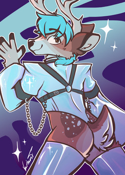 anthro antlers blue_hair brown_body brown_fur chain clothing cosmic_background fur gesture glistening glistening_clothing hair harness horn legwear male short_tail solo space space_background sparkles tail thigh_highs waving white_body white_fur varian_t nugamus deer mammal absurd_res hi_res