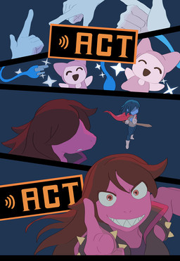 ambiguous_gender anthro armor biped blue_body blue_hair blue_skin brown_hair clothed clothed_anthro clothed_human clothing gameplay_mechanics gesture grin group hair hand_gesture melee_weapon pointing purple_body purple_scales scales sharp_teeth smile sword teeth weapon rangai deltarune undertale_(series) kris_dreemurr susie_(deltarune) darkner human mammal plugboy reptile scalie 2021 comic digital_drawing_(artwork) digital_media_(artwork) english_description japanese_description female_(lore)