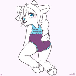2_horns anthro biped clothed clothing cloven_hooves female frilly frilly_clothing frilly_swimwear hair hooves horn kneeling long_hair looking_at_viewer looking_back looking_back_at_viewer one-piece_swimsuit qr_code rear_view short_tail small_horn solo swimwear tail unguligrade young young_anthro young_female maverick bovid caprine goat mammal 1:1 2026 hi_res spot_color nonbinary_(lore) trans_(lore) trans_woman_(lore)