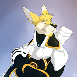 anthro black_clothing black_nose black_topwear blue_eyes clothed clothing front_view fur gradient_background holding_object holding_weapon male male_anthro mouth_closed narrowed_eyes simple_background solo suit topwear weapon white_body white_clothing white_fur white_topwear yellow_body yellow_fur solaxe_(artist) solaxe kangaroo macropod mammal marsupial 1:1 bust_portrait portrait