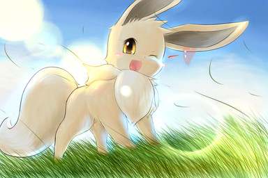 all_fours ambiguous_gender black_nose brown_body brown_fur detailed_background feral fur grass heart_symbol one_eye_closed open_mouth outside plant sky solo standing tongue tuft wind wink yellow_eyes unknown_artist nintendo pokemon canid canine eevee generation_1_pokemon mammal pokemon_(species)
