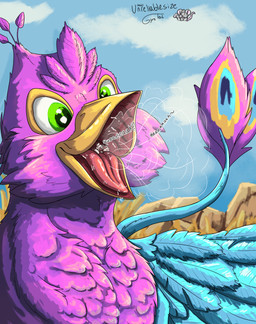 beak blue_body bodily_fluids breath drooling feathered_crest feathered_wings feathers feral feral_pred feral_prey green_eyes head_crest larger_pred male male_pred male_prey oral_vore pink_body quadruped saliva size_difference tail tail_tuft tuft vore wings gyrotech unreliablesize mythology gyro_feather avian bird galliform gryphon mammal mouse murid murine mythological_avian mythological_creature peafowl phasianid rodent absurd_res hi_res