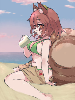 beach bikini bottomwear breasts brown_bottomwear brown_clothing brown_hair brown_shorts brown_tail clothing container cup drinking_straw eyewear female glasses green_bikini green_clothing green_swimwear hair holding_container holding_cup holding_object inner_ear_fluff leaf leaf_on_head looking_at_viewer navel orange_eyes pince-nez sand shorts sitting solo swimwear tail tanuki_leaf tuft two-piece_swimsuit wariza wearing_glasses yoshiyuki_(14330975) touhou mamizou_futatsuiwa animal_humanoid canid canid_humanoid canine canine_humanoid humanoid mammal mammal_humanoid tanuki_humanoid 3:4 hi_res