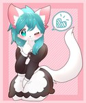 ambiguous_gender anthro blue_eyes blue_hair clothing finger_to_mouth hair heart_symbol long_tail maid_uniform one_eye_closed pattern_background simple_background solo tail uniform wink okazu tablekat felid mammal hi_res