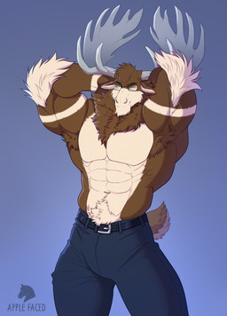 anthro antlers armpit_hair blue_eyes body_hair brown_body brown_fur eyewear fur glasses hands_behind_head horn male muscular muscular_male neck_tuft pubes rectangular_glasses solo tuft white_body white_fur apple-faced biff_the_moose deer mammal moose new_world_deer hi_res
