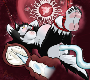 4_toes abstract_background aggressive_fertilization ankles_tied anthro arms_tied_above_head bdsm belly belly_blush big_belly big_breasts black_body black_fur blue_tentacles blush bodily_fluids body_blush bondage bound breasts cervical_penetration cervix claws cum cum_in_uterus cum_in_vagina cum_inflation cum_inside cum_overflow cum_while_penetrated cumshot curling_toes ejaculation emanata eyebrows feet female female_anthro fluffy fluffy_tail fur genital_fluids genitals heart_eyes heart_symbol humanoid_genitalia impregnation inflation internal internal_vaginal leaking_cum legs_together lying multiple_ova navel nipples nude nude_anthro nude_female on_back open_mouth outie_navel ovum ovum_penetration ovum_with_heart pawpads penetration plantigrade plantigrade_pawpads raised_eyebrow restraints rope rope_bondage rope_harness shaking_arms shaking_legs solo sperm_cell sperm_dominating_ovum tail teeth tentacle_in_vagina tentacle_penetration tentacles toe_claws toes uterus vaginal vaginal_penetration white_body white_fur x-ray_view ars_machina aria_(ars_machina) canid canine canis domestic_dog husky mammal nordic_sled_dog spitz 2025 absurd_res hi_res