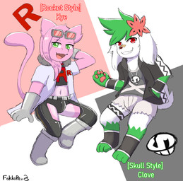 anthro duo eyewear flower goggles latex male plant fokkorev nintendo pokemon team_rocket team_skull clove_(fokkorev) kye_(fokkorev) generation_1_pokemon generation_4_pokemon legendary_pokemon mew_(pokemon) pokemon_(species) shaymin sky_forme_shaymin absurd_res hi_res