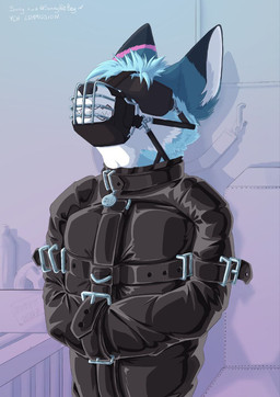 angry anthro bdsm bdsm_gear belt blindfold bondage bondage_gear bottle bound buckle clenched_teeth clothed clothing collar collar_tag container fur glistening glistening_clothing growling head_tuft inner_ear_fluff latex latex_clothing latex_straitjacket leash leashed_to_wall male metal muzzle_(object) muzzled restraints solo straitjacket straps submissive submissive_anthro submissive_male teeth teeth_showing topwear tuft sanynebeystoll zee_(zfursee) canid canine fennec_fox fox mammal true_fox digital_media_(artwork) hi_res