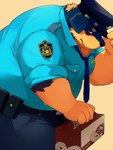 anthro belly big_belly black_body brown_body clothing kemono male necktie overweight overweight_male police police_hat police_officer police_uniform shirt simple_background solo topwear uniform noctnoc canid canine canis domestic_dog mammal 2025 absurd_res hi_res