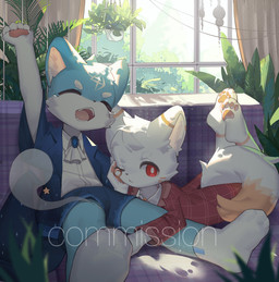 ambiguous_gender anthro clothing eyes_closed eyewear footwear fur furniture hand_pawpads inside jacket kemono lying male monocle on_front on_sofa one_eye_closed open_mouth pawpads plant red_eyes sitting sitting_on_sofa socks sofa topwear white_body white_fur window yawn young young_anthro young_male emolga_1 mammal 2022 hi_res watermark