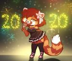 2019 ailurid anthro breasts clothed clothing digital_media_(artwork) dress dvixie female hi_res mammal red_panda smile solo standing tongue