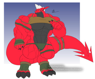 abs anthro belt biceps big_muscles big_pecs big_tail black_body clothed clothing digitigrade gesture hand_gesture looking_at_viewer male muscular muscular_arms muscular_legs muscular_male navel pecs pointing red_body skimpy solo tail thick_tail tight_clothing conditional_dnp dischimera mythology cyeril_(dischimera) dragon hybrid mythological_creature mythological_scalie scalie