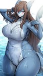 anthro big_breasts biped blush breasts clothed clothing female hair huge_breasts huge_hips huge_thighs looking_at_viewer non-mammal_breasts one-piece_swimsuit pupils side_boob smile solo standing swimwear thick_thighs three-quarter_view water wet wet_body wide_hips suurin_2 fish marine shark absurd_res hi_res