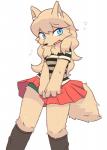 anthro blonde_hair blue_eyes blush bottomwear breasts clothed clothing female footwear fully_clothed hair kemono legwear long_hair open_mouth shirt shy skirt socks solo topwear underwear yakimo canid canine canis domestic_dog mammal hi_res